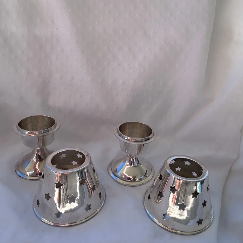 Two’s Company Silver Tone Star Cutout Candle Holders Lamp Shades Pair Made India